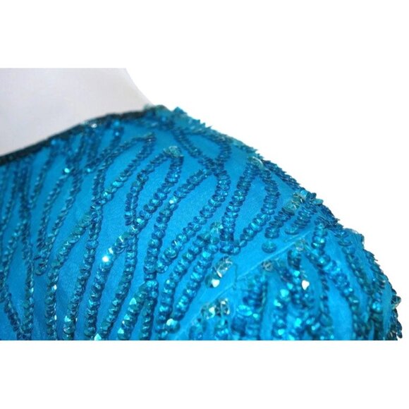 Vintage 80s Laurence Kazar Teal Beaded Sequin Silk Mini Cocktail Dress M - Picture 6 of 10